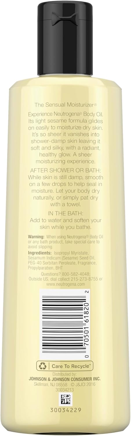 Neutrogena Body Oil Light Sesame Formula, Dry Skin Moisturizer & Hydrating Body Massage Oil, for Radiant & Healthy Looking Glow, Nourishing Bath Oil for Sheer Moisture, 8.5 fl. oz