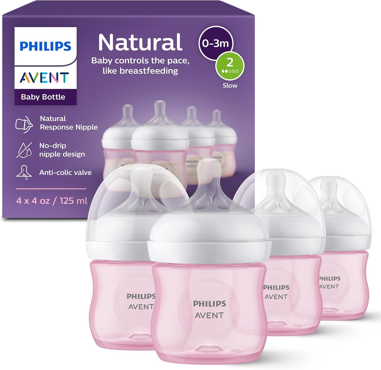 Philips Avent Natural Baby Bottles with Natural Response (Medium Flow, Flow 3), 9oz, Purple, 4-Pack, SCY903/34