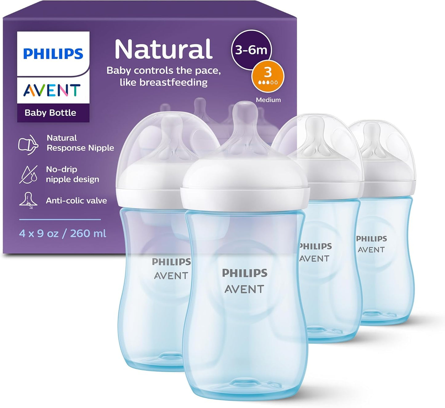 Philips Avent Natural Baby Bottles with Natural Response (Medium Flow, Flow 3), 9oz, Purple, 4-Pack, SCY903/34