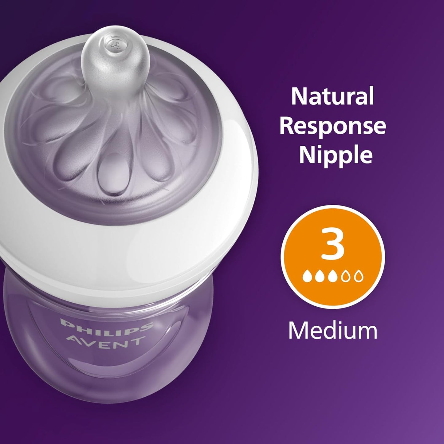 Philips Avent Natural Baby Bottles with Natural Response (Medium Flow, Flow 3), 9oz, Purple, 4-Pack, SCY903/34