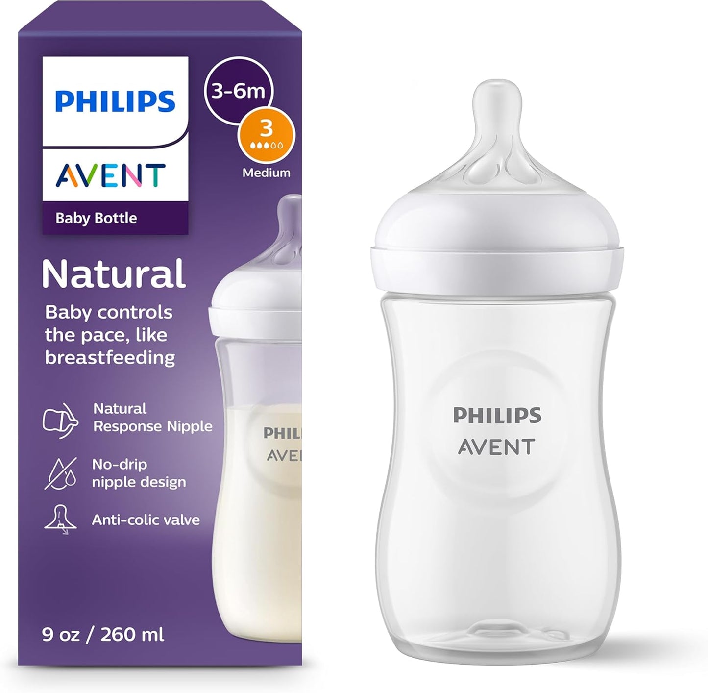 Philips Avent Natural Baby Bottles with Natural Response (Medium Flow, Flow 3), 9oz, Purple, 4-Pack, SCY903/34