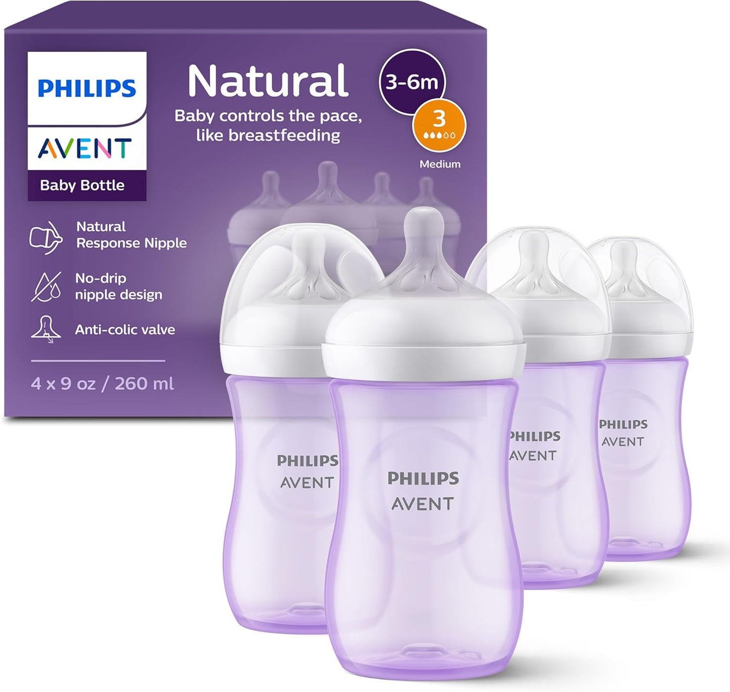 Philips Avent Natural Baby Bottles with Natural Response (Medium Flow, Flow 3), 9oz, Purple, 4-Pack, SCY903/34