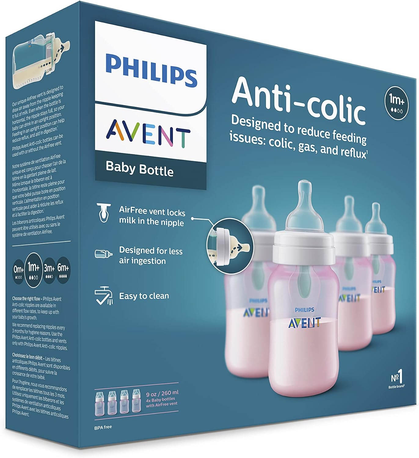 PHILIPS AVENT Anti Colic Baby Bottles with AirFree Vent, 9oz, Pink, Pack of 4, SCY703/14, 4 Pack