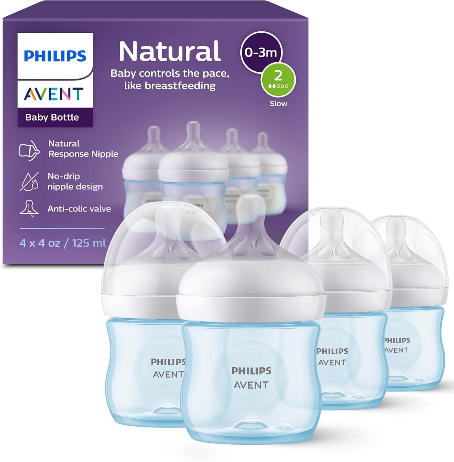 Philips Avent Natural Baby Bottles with Natural Response (Medium Flow, Flow 3), 9oz, Purple, 4-Pack, SCY903/34