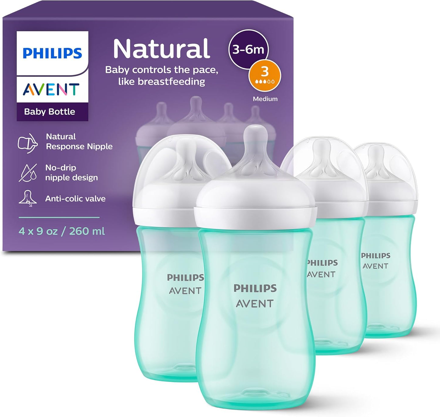 Philips Avent Natural Baby Bottles with Natural Response (Medium Flow, Flow 3), 9oz, Purple, 4-Pack, SCY903/34