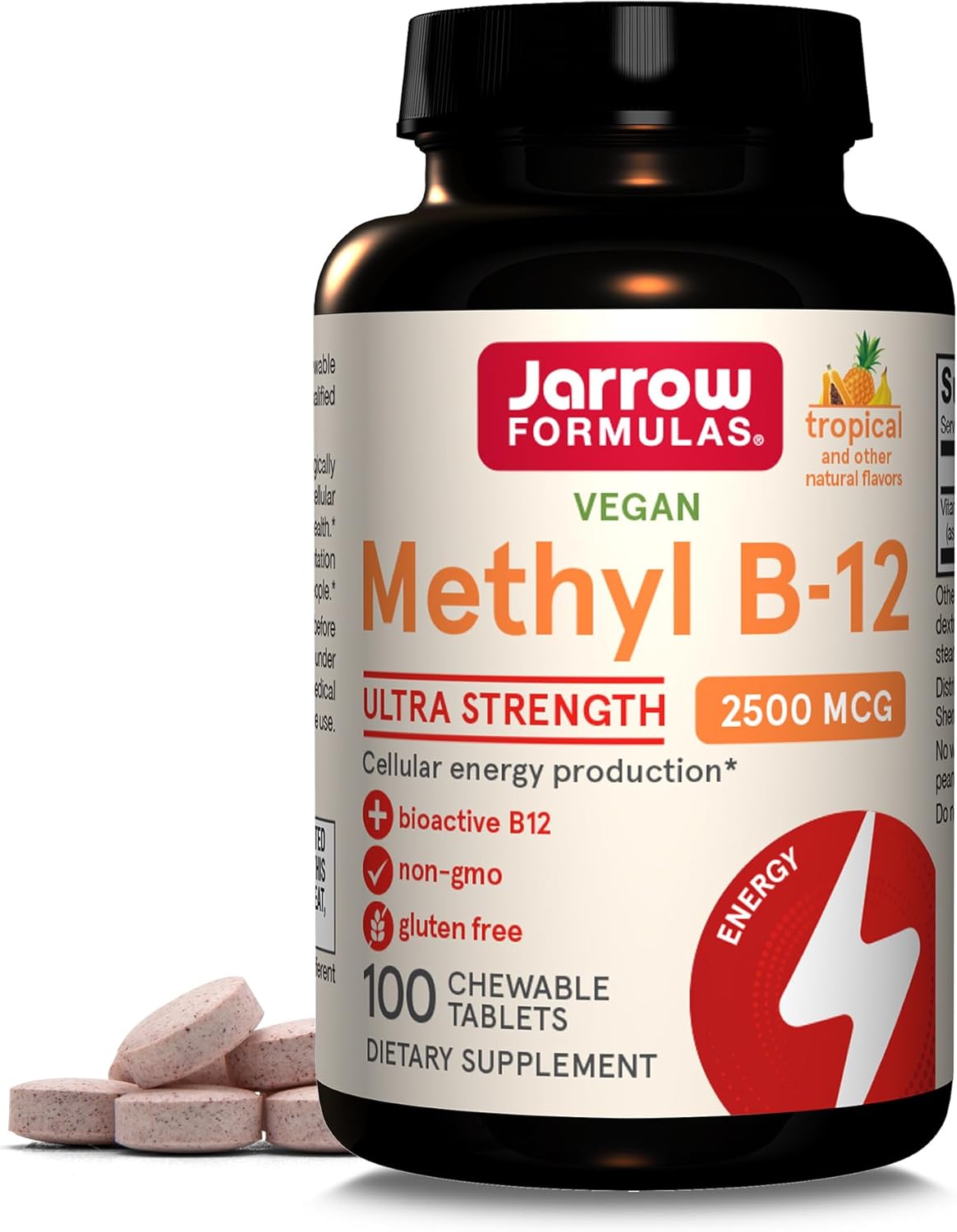 Jarrow Formulas Methyl B-12 Tablets, 500 mg, Dietary Supplement For Cellular Energy Production and Brain Health Support, 100 Cherry Flavor Chewable Tablets, 100 Day Supply