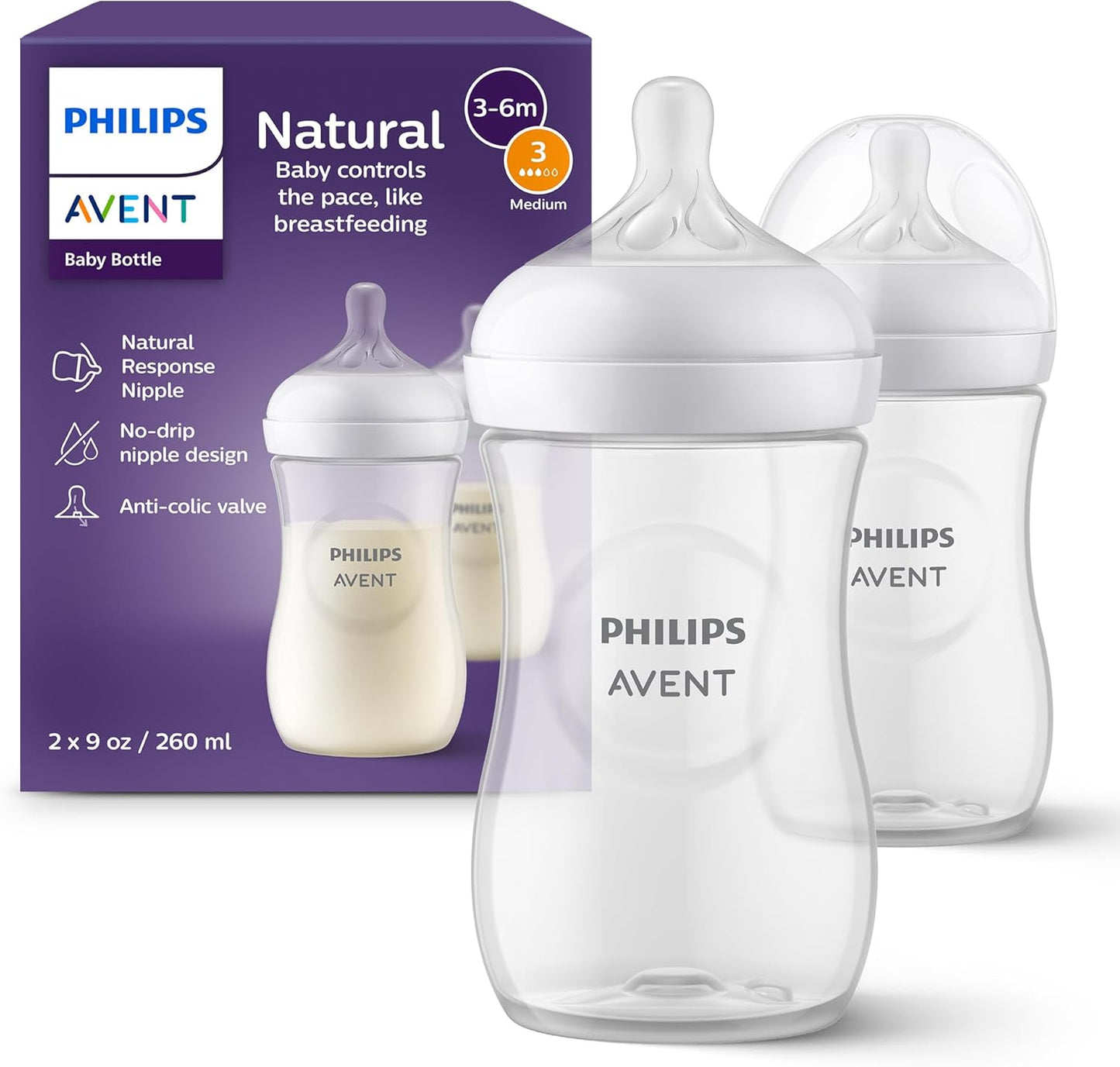 Philips Avent Natural Baby Bottles with Natural Response (Medium Flow, Flow 3), 9oz, Purple, 4-Pack, SCY903/34