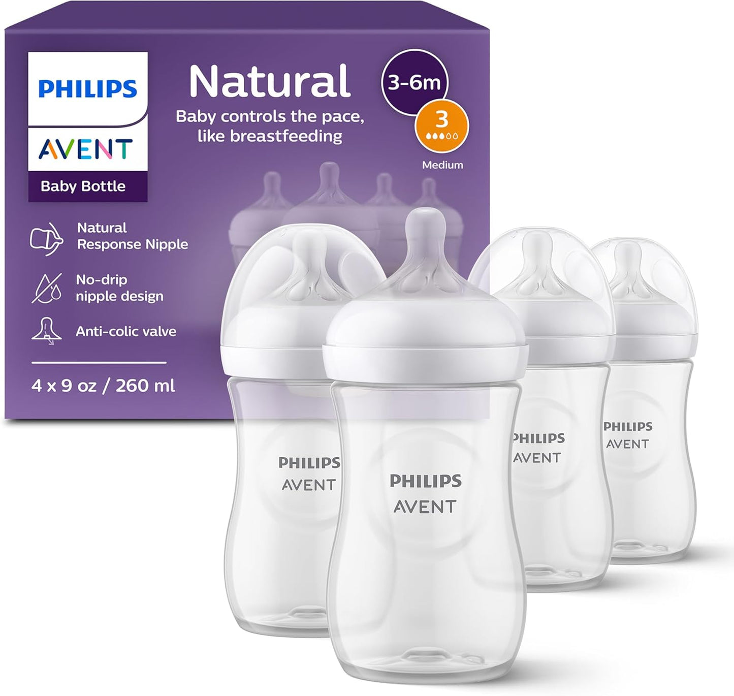 Philips Avent Natural Baby Bottles with Natural Response (Medium Flow, Flow 3), 9oz, Purple, 4-Pack, SCY903/34