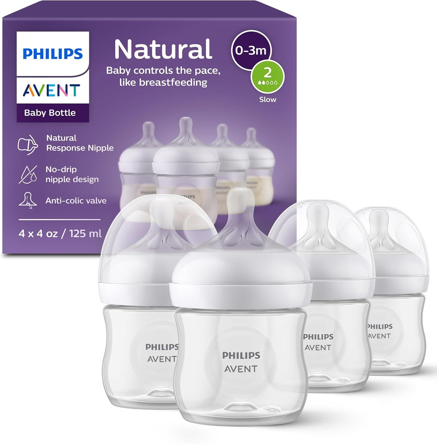 Philips Avent Natural Baby Bottles with Natural Response (Medium Flow, Flow 3), 9oz, Purple, 4-Pack, SCY903/34