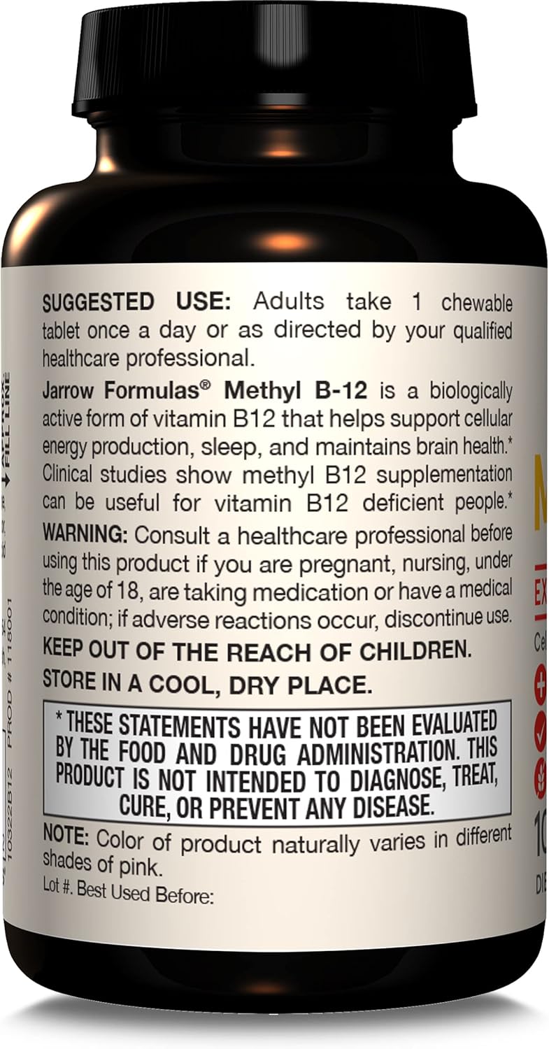 Jarrow Formulas Methyl B-12 Tablets, 500 mg, Dietary Supplement For Cellular Energy Production and Brain Health Support, 100 Cherry Flavor Chewable Tablets, 100 Day Supply