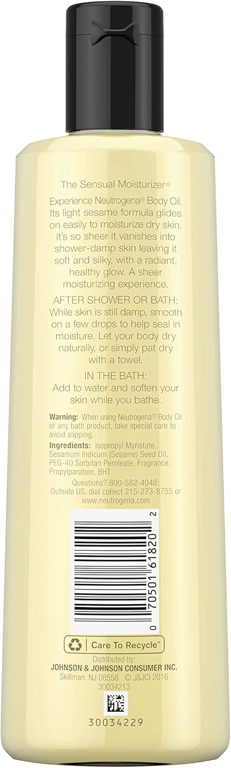 Neutrogena Body Oil Light Sesame Formula, Dry Skin Moisturizer & Hydrating Body Massage Oil, for Radiant & Healthy Looking Glow, Nourishing Bath Oil for Sheer Moisture, 8.5 fl. oz
