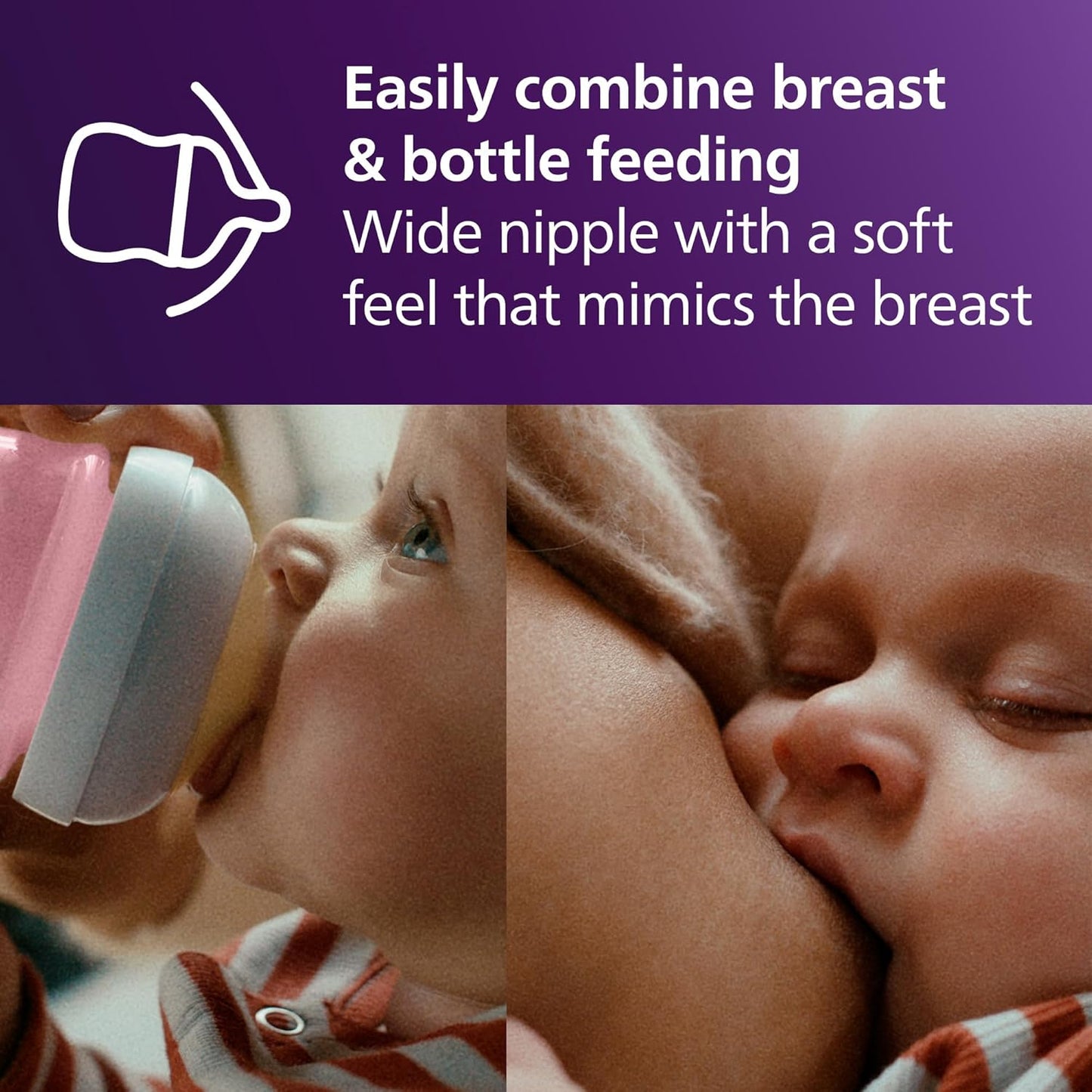Philips Avent Natural Baby Bottles with Natural Response (Medium Flow, Flow 3), 9oz, Purple, 4-Pack, SCY903/34