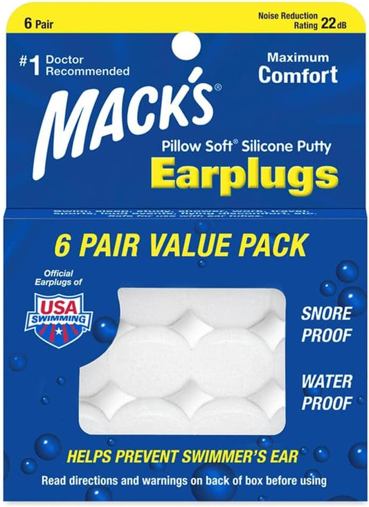 Mack's Pillow Soft Silicone Earplugs - 6 Pair, Value Pack – The Original Moldable Silicone Putty Ear Plugs for Sleeping, Snoring, Swimming, Travel, Concerts and Studying | Made in USA