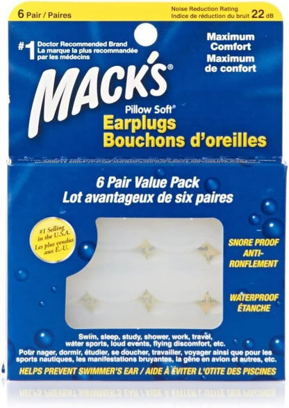 Mack's Pillow Soft Silicone Earplugs - 6 Pair, Value Pack – The Original Moldable Silicone Putty Ear Plugs for Sleeping, Snoring, Swimming, Travel, Concerts and Studying | Made in USA