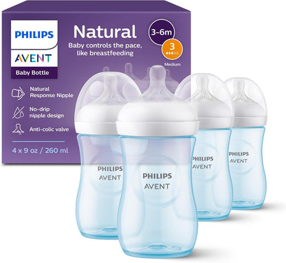 Philips Avent Natural Baby Bottles with Natural Response (Medium Flow, Flow 3), 9oz, Purple, 4-Pack, SCY903/34