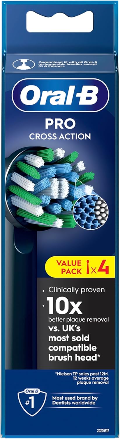 Oral-B Pro Cross Action Electric Toothbrush Head, X-Shape and Angled Bristles for Deeper Plaque Removal, Pack of 10 Toothbrush Heads, Suitable for Mailbox, Black