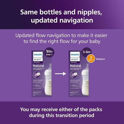 Philips Avent Natural Baby Bottles with Natural Response (Medium Flow, Flow 3), 9oz, Purple, 4-Pack, SCY903/34