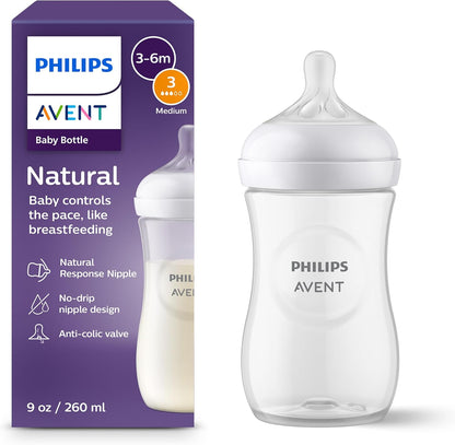 Philips Avent Natural Baby Bottles with Natural Response (Medium Flow, Flow 3), 9oz, Purple, 4-Pack, SCY903/34