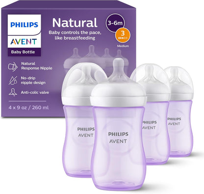 Philips Avent Natural Baby Bottles with Natural Response (Medium Flow, Flow 3), 9oz, Purple, 4-Pack, SCY903/34