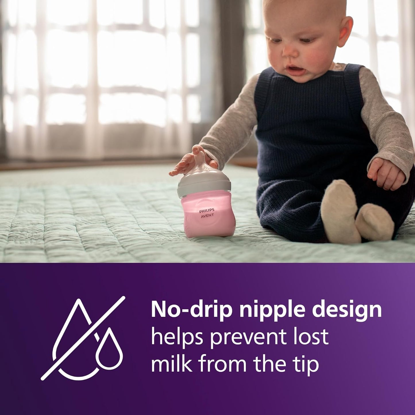 Philips Avent Natural Baby Bottles with Natural Response (Medium Flow, Flow 3), 9oz, Purple, 4-Pack, SCY903/34