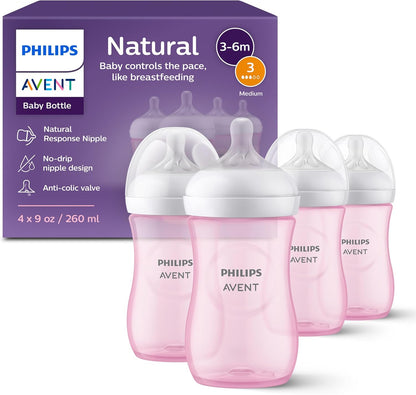Philips Avent Natural Baby Bottles with Natural Response (Medium Flow, Flow 3), 9oz, Purple, 4-Pack, SCY903/34