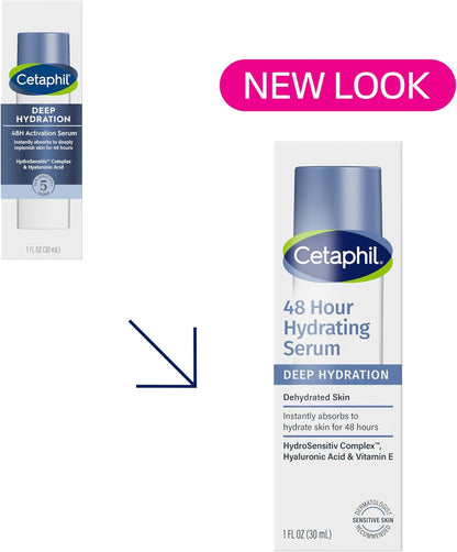 CETAPHIL Deep Hydration Fragrance Free 48 Hour Activation Serum, 1 fl oz, 48Hr Dry Skin Face Moisturizer for Sensitive Skin, With Hyaluronic Acid, Vitamin E & B5, Dermatologist Recommended