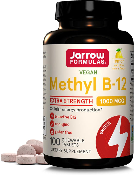 Jarrow Formulas Methyl B-12 Tablets, 500 mg, Dietary Supplement For Cellular Energy Production and Brain Health Support, 100 Cherry Flavor Chewable Tablets, 100 Day Supply