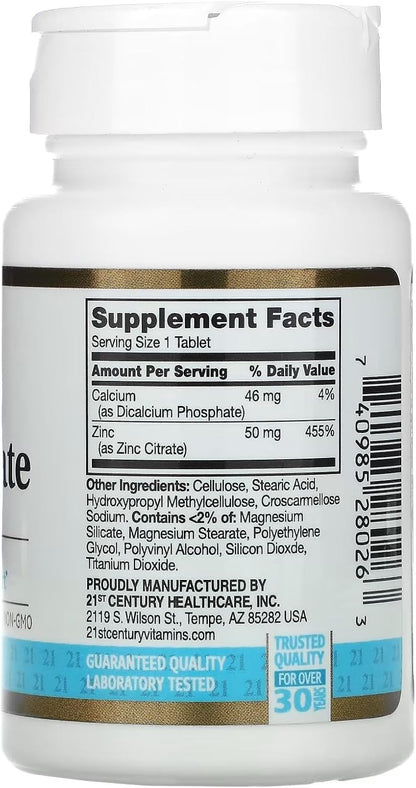 21st Century HealthCare Zinc Citrate Tablets 50mg, 60 Count