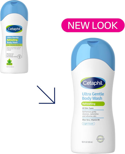 Cetaphil Ultra Gentle Refreshing Body Wash, Refreshing Scent, Sensitive Skin, All Skin Types, Hypoallergenic, Dermatologist Tested, 500ml