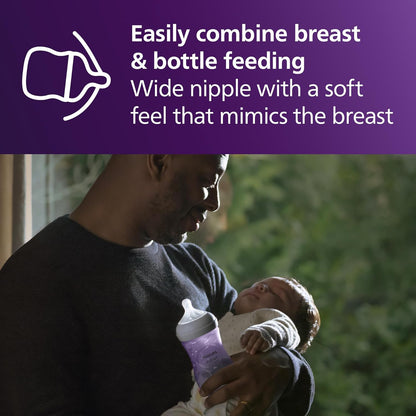 Philips Avent Natural Baby Bottles with Natural Response (Medium Flow, Flow 3), 9oz, Purple, 4-Pack, SCY903/34