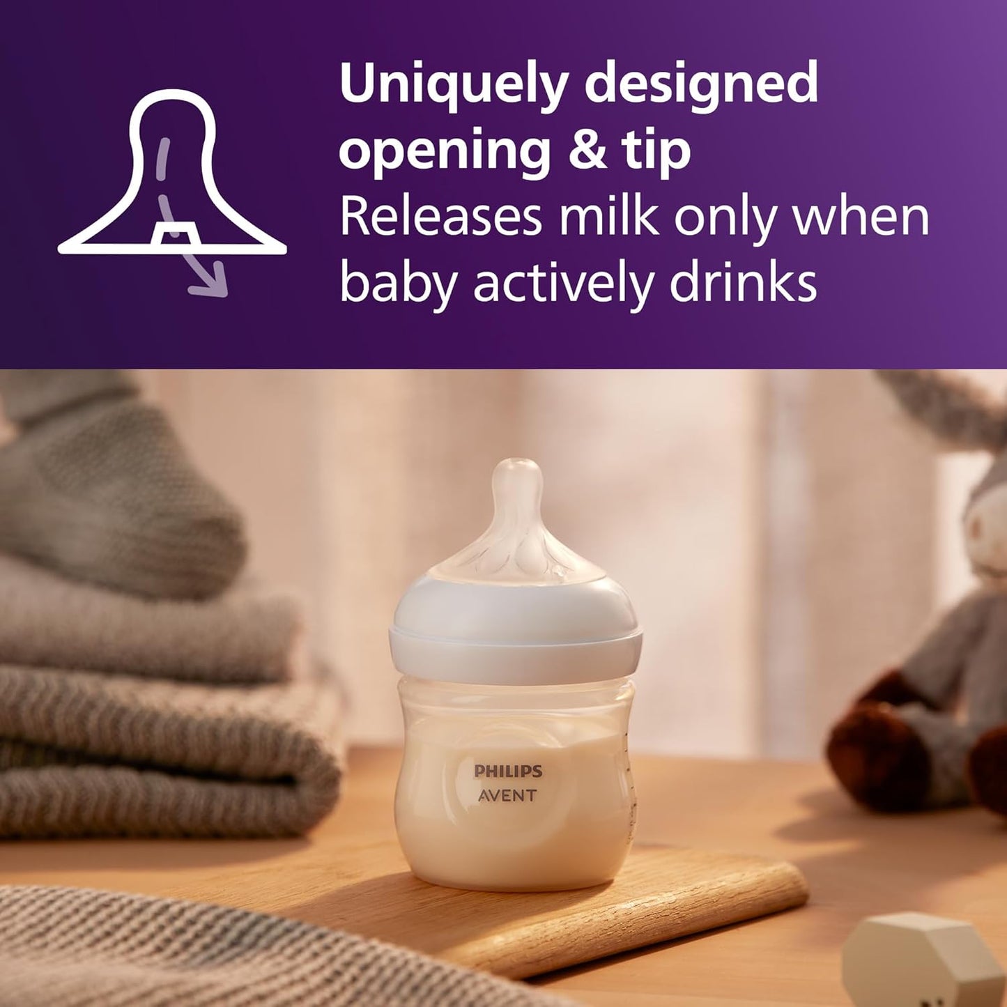 Philips Avent Natural Baby Bottles with Natural Response (Medium Flow, Flow 3), 9oz, Purple, 4-Pack, SCY903/34