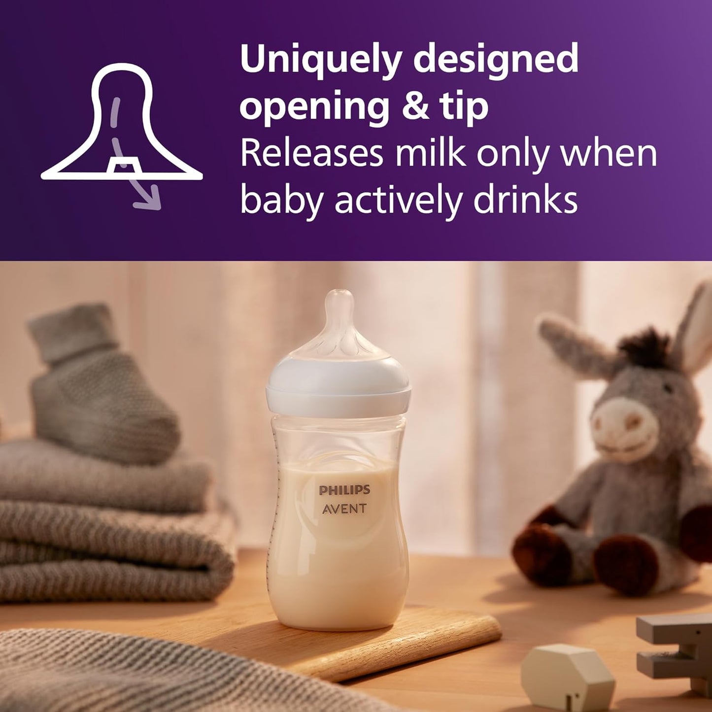 Philips Avent Natural Baby Bottles with Natural Response (Medium Flow, Flow 3), 9oz, Purple, 4-Pack, SCY903/34