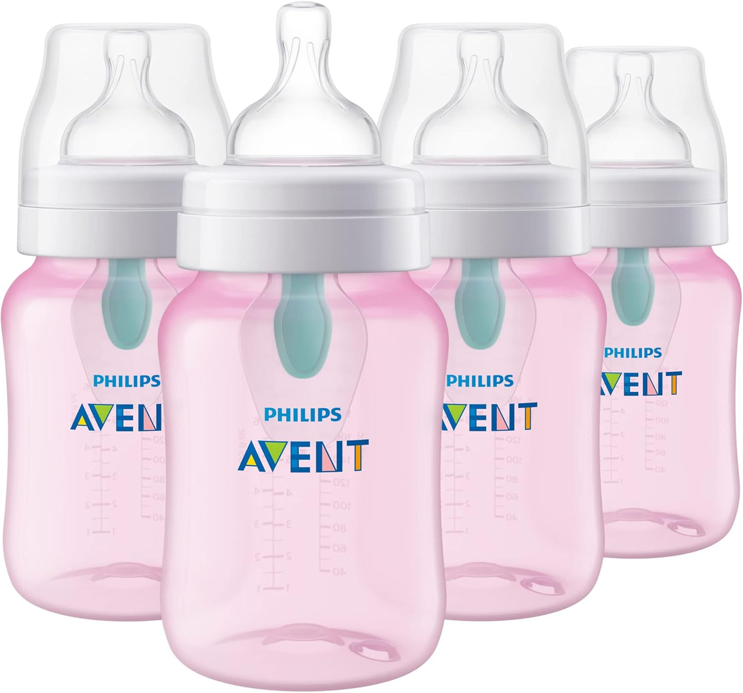 PHILIPS AVENT Anti Colic Baby Bottles with AirFree Vent, 9oz, Pink, Pack of 4, SCY703/14, 4 Pack