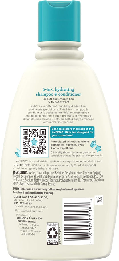 Aveeno Kids 2 in 1 Hydrating Shampoo & Conditioner, Gently Cleanses, Conditions & Detangles Kids Hair, With Oat Extract, For Sensitive Skin & Scalp, Hypoallergenic, 12 Fl Oz (Pack of 3)