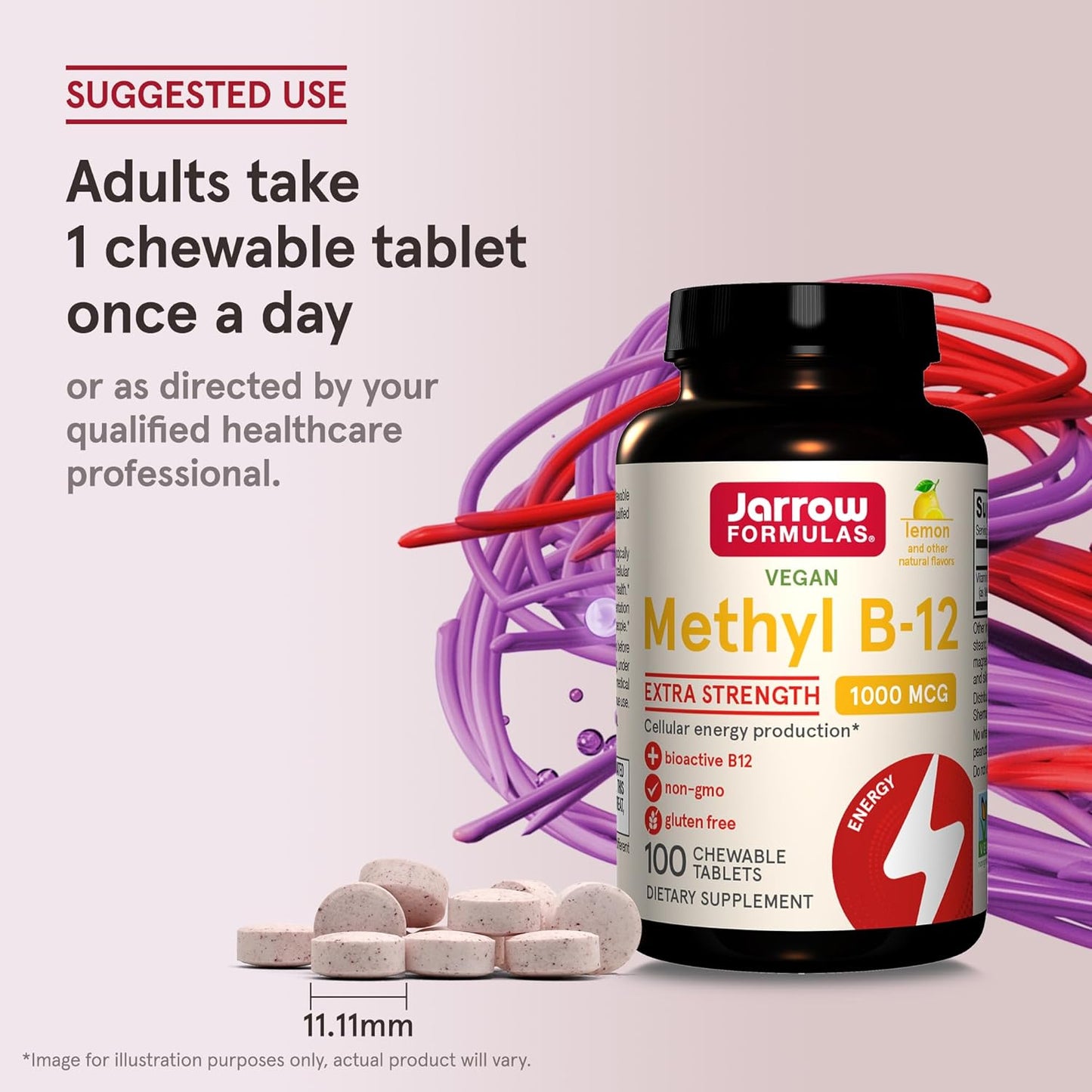 Jarrow Formulas Methyl B-12 Tablets, 500 mg, Dietary Supplement For Cellular Energy Production and Brain Health Support, 100 Cherry Flavor Chewable Tablets, 100 Day Supply