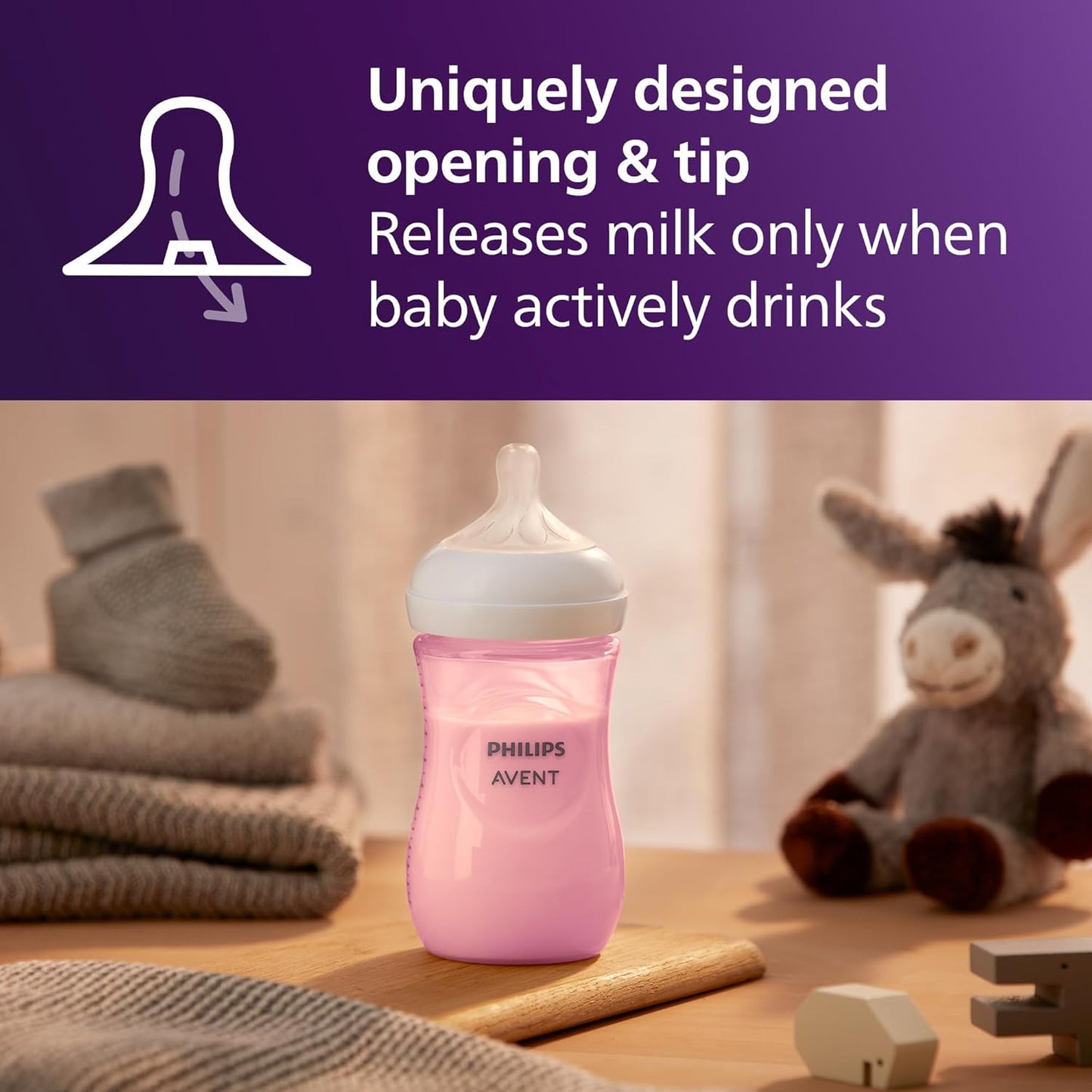 Philips Avent Natural Baby Bottles with Natural Response (Medium Flow, Flow 3), 9oz, Purple, 4-Pack, SCY903/34