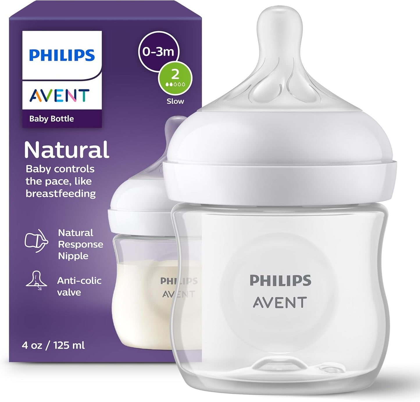 Philips Avent Natural Baby Bottles with Natural Response (Medium Flow, Flow 3), 9oz, Purple, 4-Pack, SCY903/34