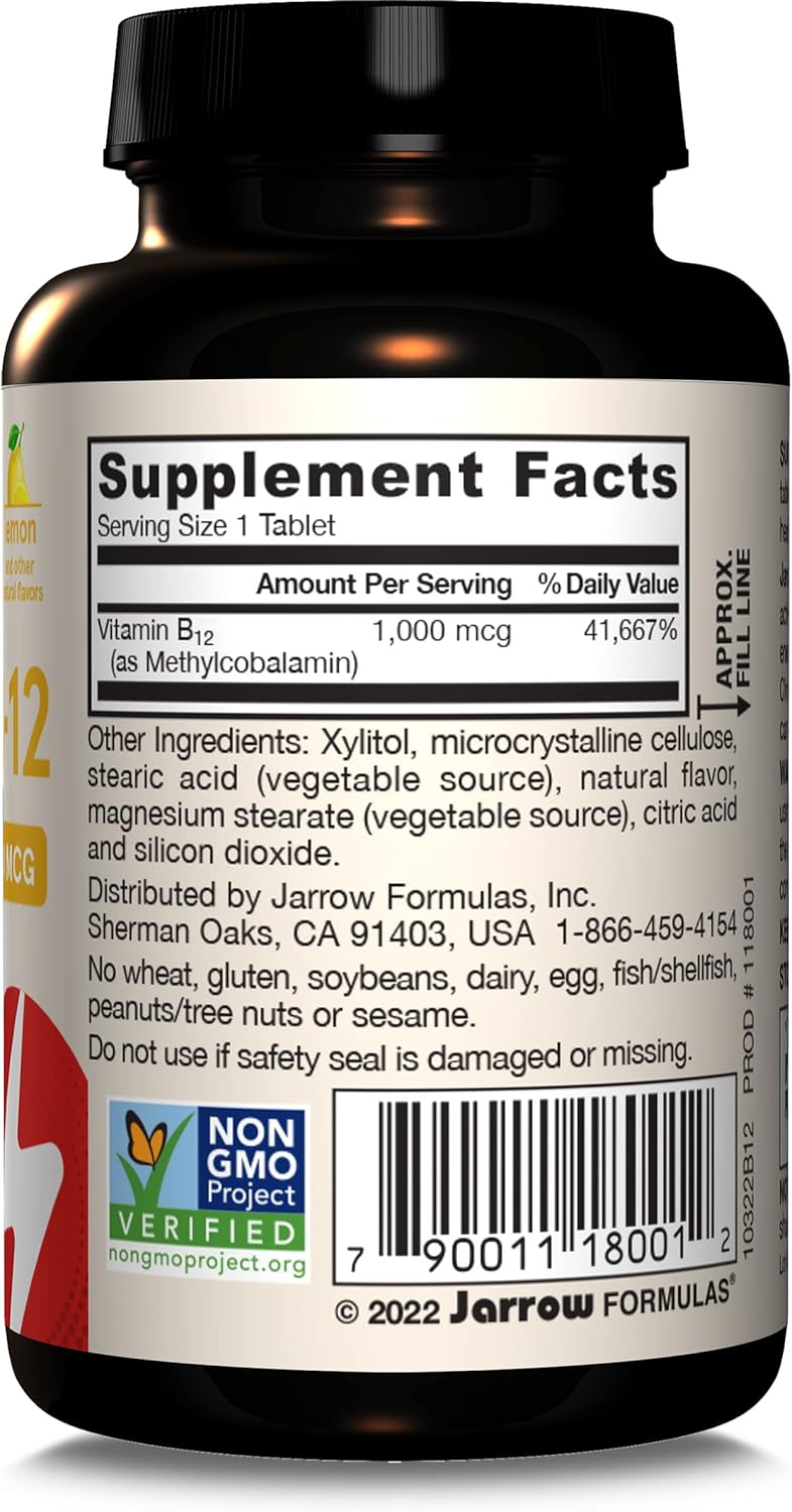 Jarrow Formulas Methyl B-12 Tablets, 500 mg, Dietary Supplement For Cellular Energy Production and Brain Health Support, 100 Cherry Flavor Chewable Tablets, 100 Day Supply