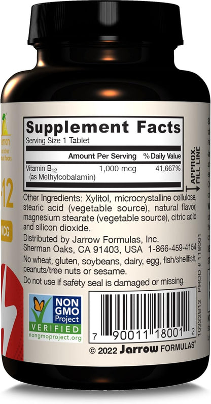 Jarrow Formulas Methyl B-12 Tablets, 500 mg, Dietary Supplement For Cellular Energy Production and Brain Health Support, 100 Cherry Flavor Chewable Tablets, 100 Day Supply