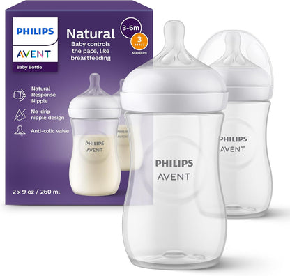 Philips Avent Natural Baby Bottles with Natural Response (Medium Flow, Flow 3), 9oz, Purple, 4-Pack, SCY903/34