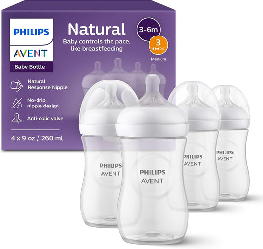Philips Avent Natural Baby Bottles with Natural Response (Medium Flow, Flow 3), 9oz, Purple, 4-Pack, SCY903/34