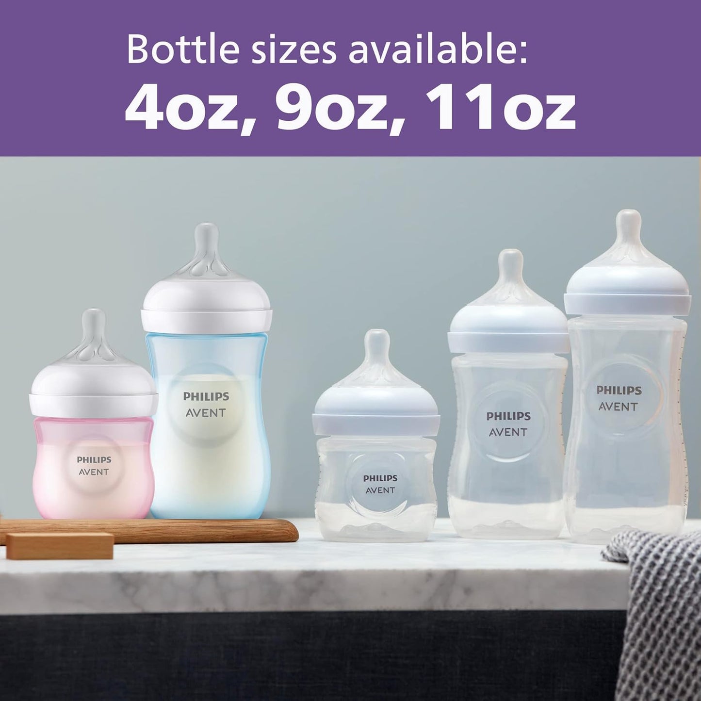 Philips Avent Natural Baby Bottles with Natural Response (Medium Flow, Flow 3), 9oz, Purple, 4-Pack, SCY903/34