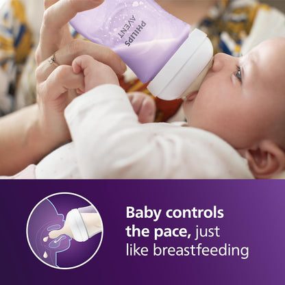 Philips Avent Natural Baby Bottles with Natural Response (Medium Flow, Flow 3), 9oz, Purple, 4-Pack, SCY903/34