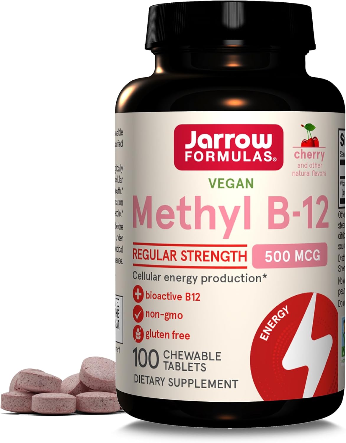 Jarrow Formulas Methyl B-12 Tablets, 500 mg, Dietary Supplement For Cellular Energy Production and Brain Health Support, 100 Cherry Flavor Chewable Tablets, 100 Day Supply