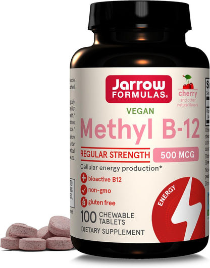 Jarrow Formulas Methyl B-12 Tablets, 500 mg, Dietary Supplement For Cellular Energy Production and Brain Health Support, 100 Cherry Flavor Chewable Tablets, 100 Day Supply
