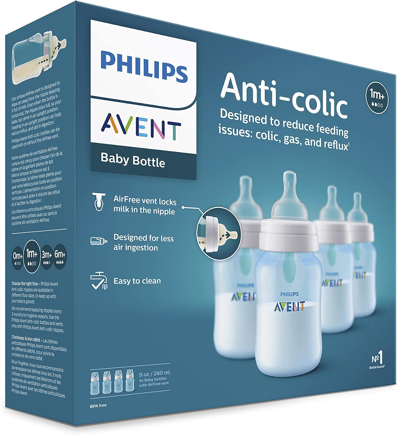 PHILIPS AVENT Anti Colic Baby Bottles with AirFree Vent, 9oz, Pink, Pack of 4, SCY703/14, 4 Pack