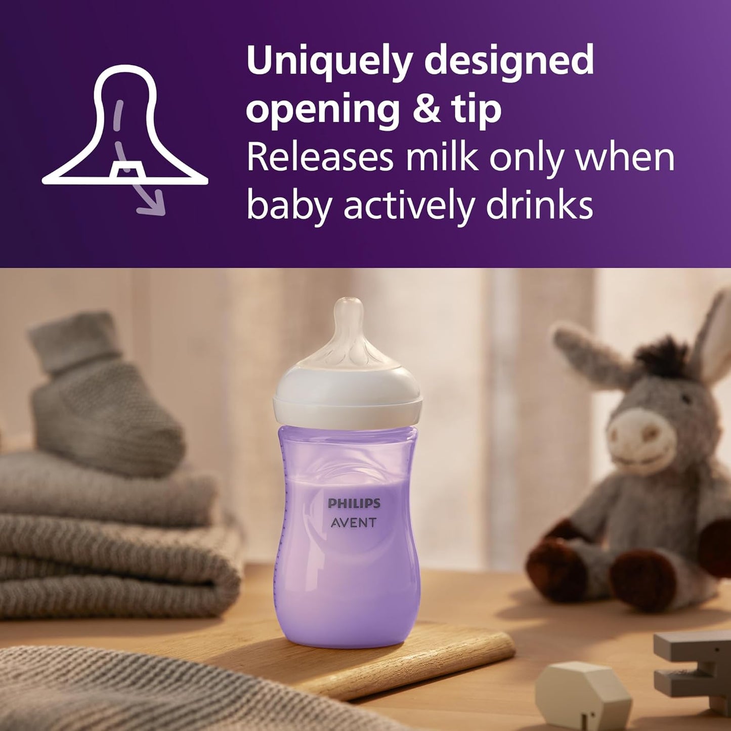 Philips Avent Natural Baby Bottles with Natural Response (Medium Flow, Flow 3), 9oz, Purple, 4-Pack, SCY903/34