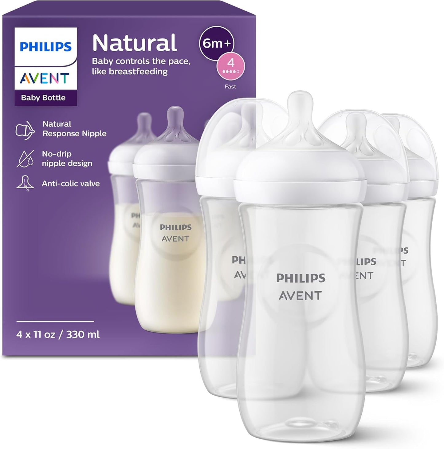 Philips AVENT Natural Baby Bottle with Natural Response, Clear, 11oz, 4pk, SCY906/04
