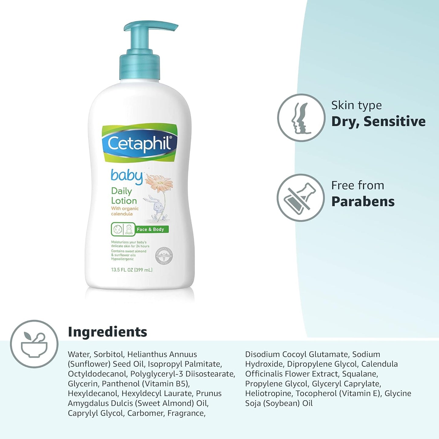 Cetaphil Baby Daily Lotion With Organic Calendula |Vitamin E | Sweet Almond & Sunflower Oils |13.5 Fl. Oz