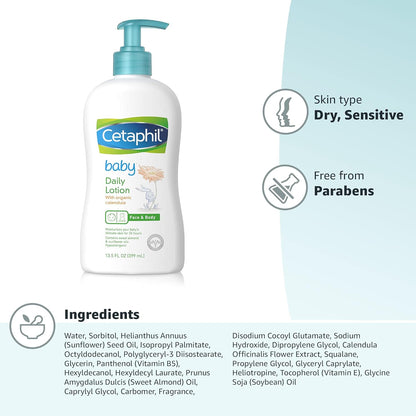 Cetaphil Baby Daily Lotion With Organic Calendula |Vitamin E | Sweet Almond & Sunflower Oils |13.5 Fl. Oz